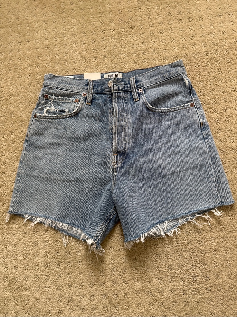 Agolde Medium Wash High-Rise Raw Hem Denim Shorts